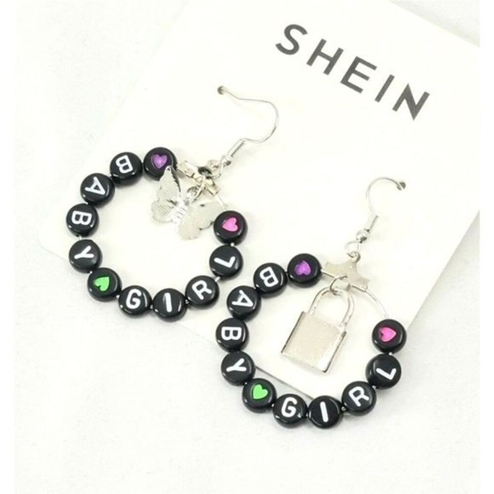 Letter Hoop Earrings Baby Girl with Lock & Butterfly Black Silver Tone